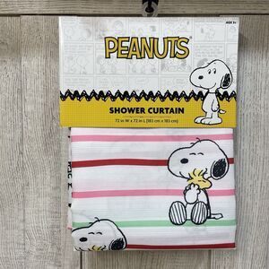 Striped Spring Peanuts Snoopy Woodstock Shower Curtain Fabric 72" x 72" White
